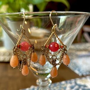 Real stone peach and pink handmade dangle earrings.